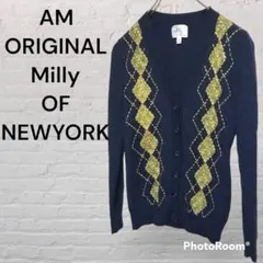 Y12【Milly】P　アーガイル刺繍　ニットカーディガン　ウール100%