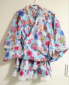花柄浴衣ドレス 青色 100cm~