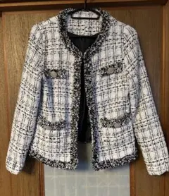 ノーカラーツイードジャケット ホワイト・ブラック