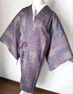 s05 美品 変わり縞模様織り出し 正絹 手織り紬 ロング 道中着 裄67