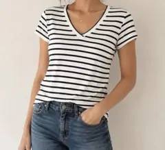 SHIPS シップス ボーダーVネック半袖Tシャツ 綿100%