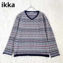 イッカ 長袖ニット Vネック 総柄 L ネイビー ノルディック柄 ウールのサムネイル
