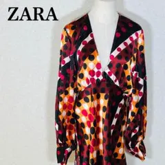 【ザラ】 マルチカラードット柄 ロングワンピースVネック 体型カバーIラインXL