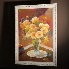油絵 菅家令子 絵 絵画 インテリア 額付(銀) F4-070402 窓辺の花