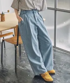 ハイウエスト タック ワイド ストレート デニムパン　M