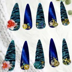 【オーダーネイルチップ】　ギャルネイル　ゼブラ柄　夏　ブルー　派手　大人ギャル