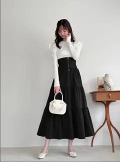 GRLタグ付　フロントジップ切替ティアードロングスカート　ブラック　Mサイズ