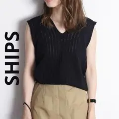 SHIPSシップス 透かし編みVネックベスト綿混ニットノースリニットプルオーバーのサムネイル