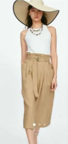 ZARA ベルト付き ベージュリネン フレアスカートのサムネイル