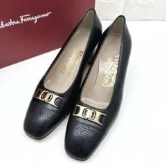 極美品 サルヴァトーレ フェラガモ ゴールド金具 リザード型押し レザー 6.5