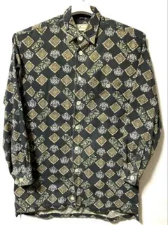 長袖シャツ 総柄 幾何学柄 黒 青 茶色 M L ビンテージシャツ