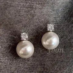 一粒パール×ダイヤイヤリング　シルバー　クリップ　結婚式 真珠　キラキラ