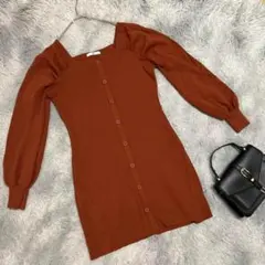 a2633◆美品 スライ パフスリーブ フロントボタン ミニ ワンピース ニット