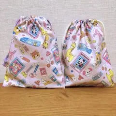 コップ巾着袋　レトロアニマル　文房具柄　２点セット　ピンク