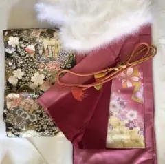 最終値下げ！成人式振袖5点セット／アンティーク美品／古典柄／ゴールド贅沢帯♪