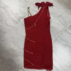 ワンショルダー ツイード ミニドレス レッド