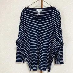 レディース ボーダーカットソー Lサイズ 紺×白 Vネック 綿100%