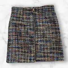 ツイード ミニスカート S チェック 裏地付き フロントジップ きれいめ