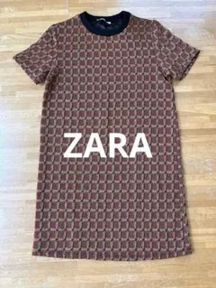 ZARA オレンジ幾何学模様 ジャガード　 半袖ワンピース　チュニック　M
