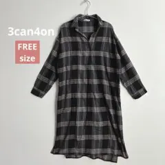 3can4on チェック柄 シャツワンピース ロング丈