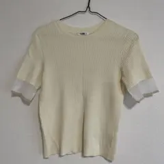 アイボリー リブ編み 半袖ニット　半袖トップス　デザイントップス