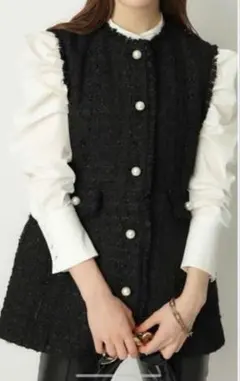 アルページュストーリー ジレ ツイード パールア ベスト 黒 ブラック