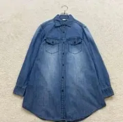 デニム ブルー ボタンアップ ロングシャツ　M