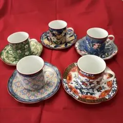 【未使用品】有田焼　古伊万里　雅峰窯　絵変わり京友禅コーヒーカップ・ソーサー5客