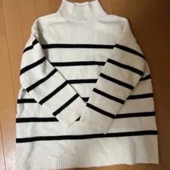 GU ボーダーハイネックニット ホワイト×ブラック L