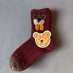 ☆新品未使用☆クマ刺繍ワインレッドニットソックス 22-25cm