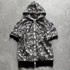 半袖 フルジップパーカー LL 総柄 ドクロ モノトーン swag y2k