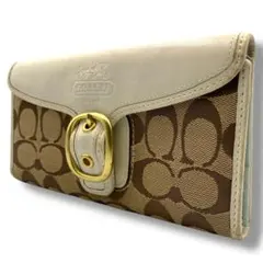 美品 COACH コーチ 長財布 シグネチャー キャンバス ターンロック レザー