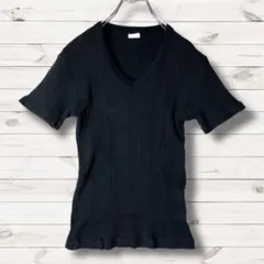 3713【エドウィン】半袖カットソー（M）黒　ストライプ　Ｖネック