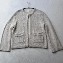 オフホワイト　ノーカラージャケット　ツイード X L