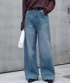 <速乾・ウォッシャブル>ヴィンテージライク ハイウエストルーズデニムパンツ