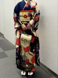 振袖フルセット 正絹 濃紺×赤 古典柄 成人式 前撮り 美品