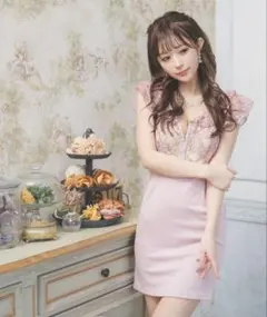 キャバドレスミニ タイトフリル袖フラワーレースフロントジップウエストベルトドレス