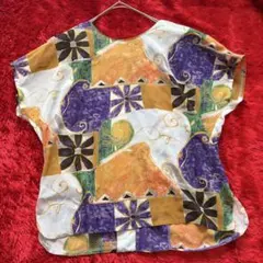 ◆vintage◆レトロフラワー柄 半袖ブラウス 前開き 前後2way 幾何学