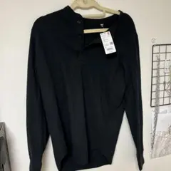 ブラック ヘンリーネック 長袖カットソー