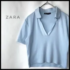ZARA クロップド丈　ショート丈　半袖ポロシャツ　トップス　くすみスカイブルー