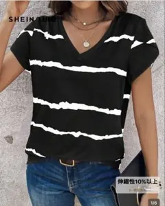 【新品タグ付】SHEIN 半袖　Ｖネック　カットソー　ストライプ柄
