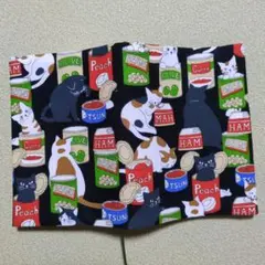 858:缶々ねこさん柄♪文庫本用ブックカバー（栞紐有り）☆ハンドメイド☆