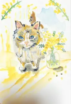 水彩画 猫のイラスト ミモザ 原画 手書き