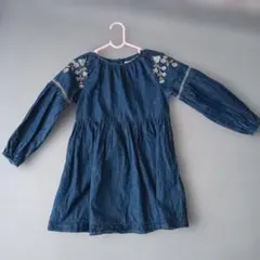 デニムブルー刺繍長袖ワンピース