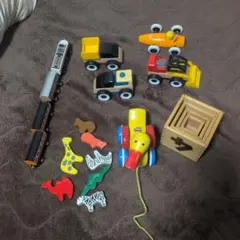 動物型積み木と木製自動車引っ張るおもちゃセット