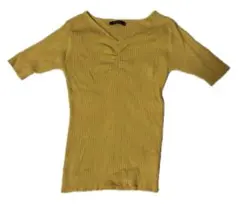 BELIEVE リブ編み Vネック 五分袖トップス イエロー