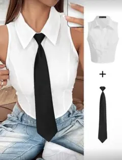 SHEIN ホワイト クロップドシャツネクタ イ付き