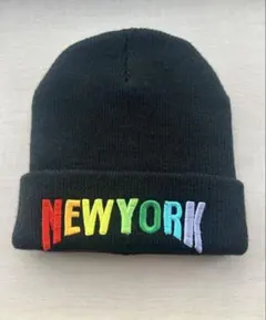 NEWYORK 刺繍 ニット帽 ブラック