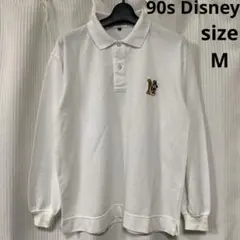 90s Disney ディズニー ミッキー刺繍 長袖ポロシャツ ホワイト系 M