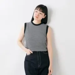 ヘルスニット　ワッフルボーダー　ノースリーブ　タンクトップ　半袖　ブラック　黒のサムネイル